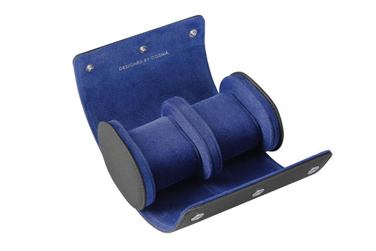 Leather Watch Roll for 2 watches - Black / Royal Blue