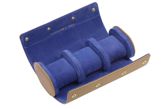 Leather Watch Roll for 3 watches - Light Brown / Royal Blue