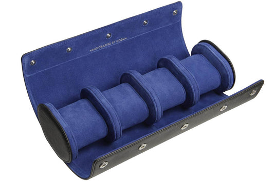 Leather Watch Roll for 4 watches - Black / Royal Blue